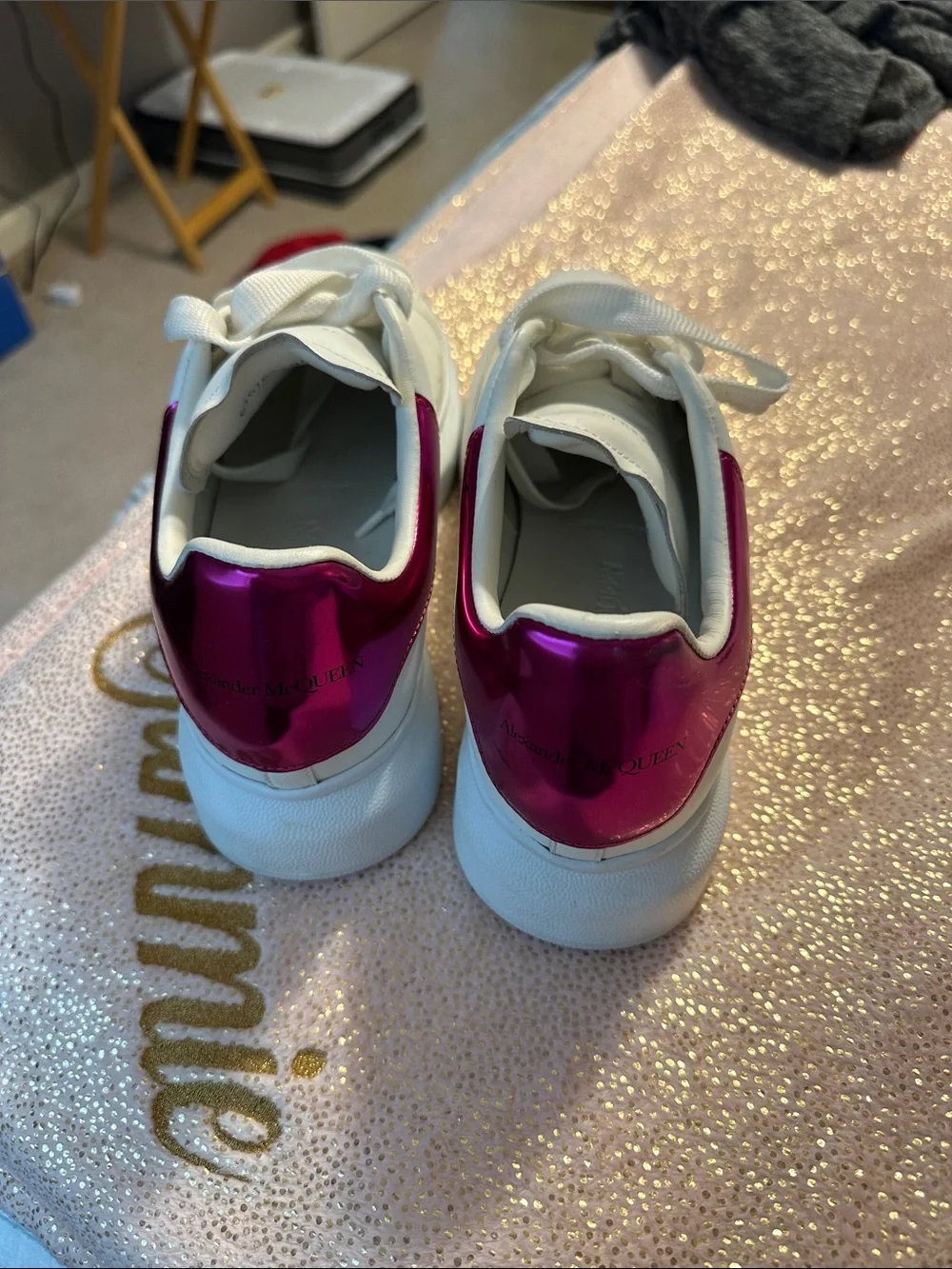 Alexander McQueen Women’s White Leather Sneakers with Pink Heel Tab